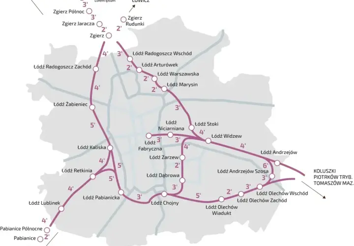 Mapa sieci tramwajowej Łodzi z zaznaczonymi liniami i przystankami. Widać też fragmenty autobusowej komunikacji zastępczej.