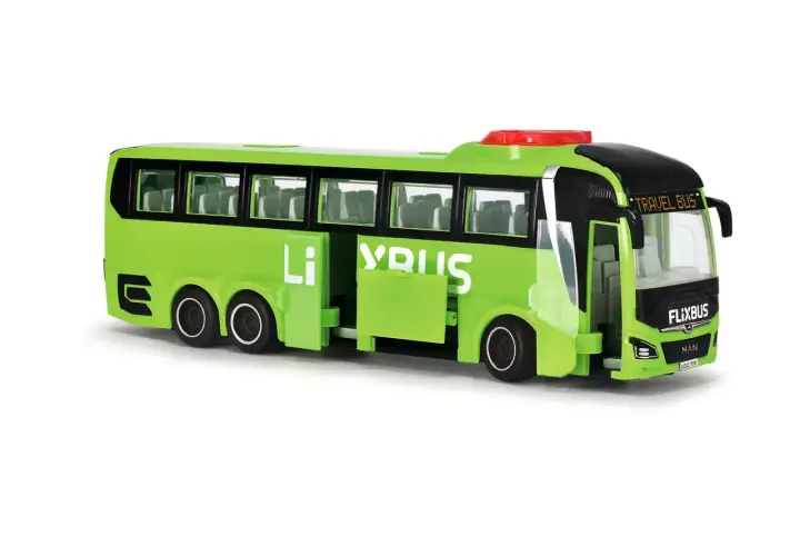 Zielony autobus Flixbus z otwartymi drzwiami, idealny do zabawy lub jako symbol flixbus zmiana rezerwacji.