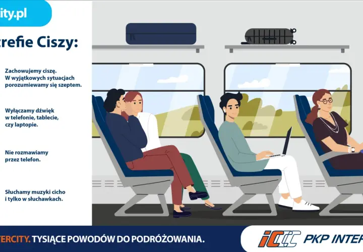 W strefie ciszy w pociągu pasażerowie podróżują spokojnie, szepcząc i wyłączając dźwięki urządzeń.