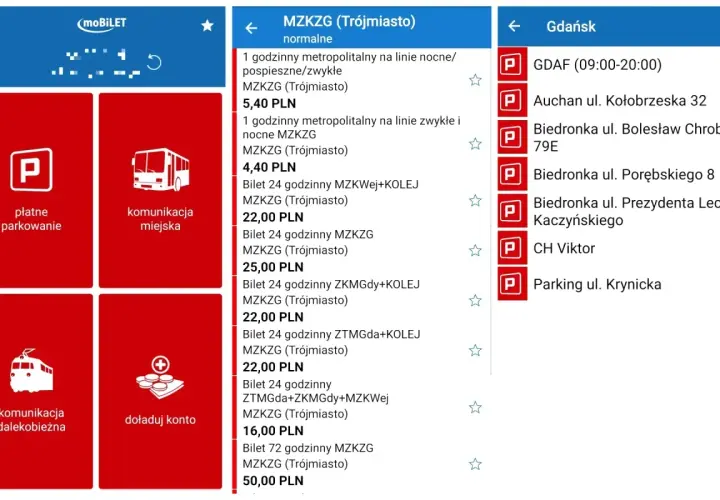 Aplikacja moBILET pokazuje opcje zakupu biletu miesięcznego Kraków, bilety komunikacji miejskiej i dalekobieżnej, a także parkingi w Gdańsku.