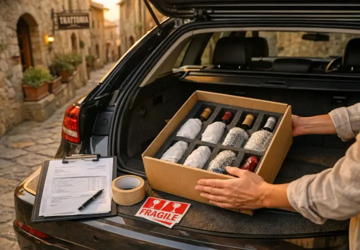 Pakowanie wina do samochodu. Zastanawiasz się, ile alkoholu można przewieźć samochodem? Dokumenty, taśma i naklejka "Fragile" sugerują ostrożność.