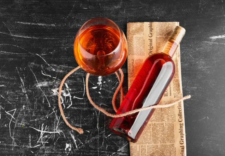 Szklanka z bursztynowym płynem i butelka wina na gazecie. Zastanawiasz się, ile alkoholu można przywieźć z Hiszpanii do Polski?