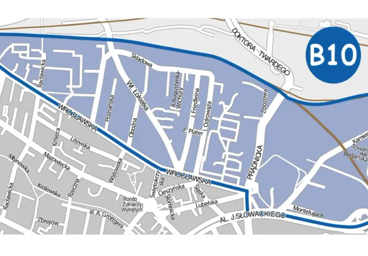 Mapa Krakowa z zaznaczonym obszarem B10. Ulica Wita Stwosza i parking w pobliżu.