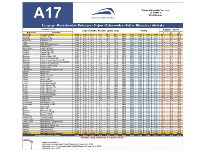 Rozkład jazdy A17: Szczyrzyc - Raciechowice - Dobczyce - Myślenice. Kursy od poniedziałku do niedzieli.