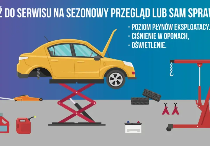 Żółty samochód na podnośniku, przygotowany do przeglądu. Obok stoją opony, akumulator i kanistry. To idealny moment na **podróż samochodem** do serwisu.