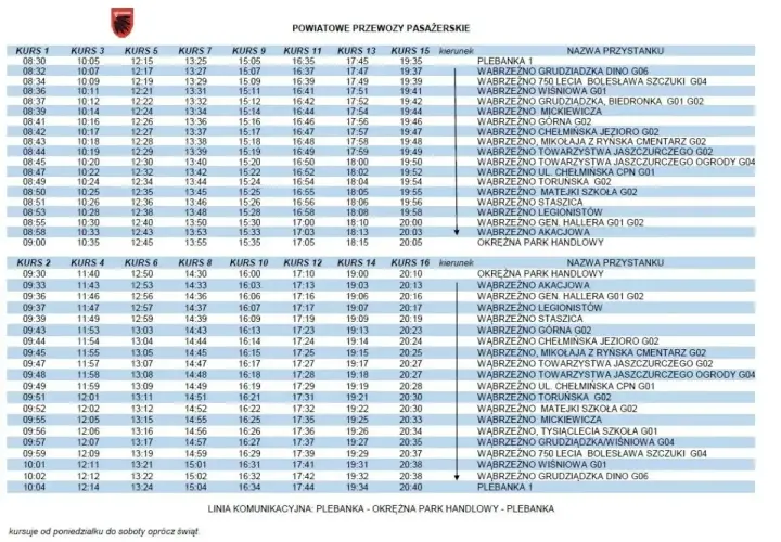 Rozkład jazdy autobusów z **koleo zniżki** na trasie Plebanka - Wąbrzeźno. Sprawdź godziny odjazdów i nazwy przystanków.