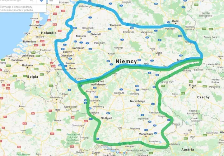 Trasa z Holandii przez Niemcy do Czech, zaznaczona na mapie Google.
