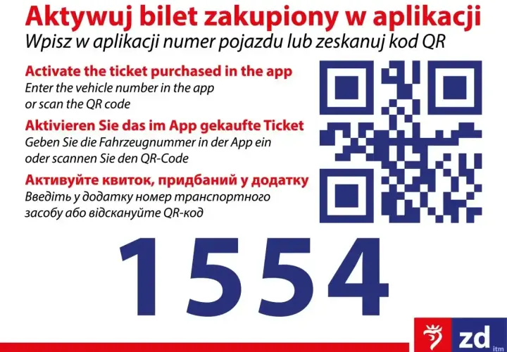 Instrukcja jak kupić bilet na PKP: aktywuj bilet w aplikacji, wpisując numer pojazdu lub skanując kod QR. Obok znajduje się kod QR i numer 1554.