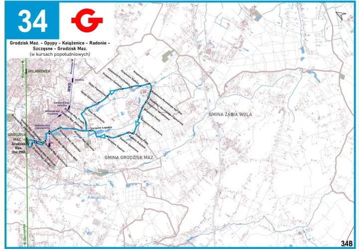 Mapa linii 34 Grodzisk Maz. - Opypy - Książenice - Radonie - Szczęsne. Trasa obejmuje Milanówek, Grodzisk Mazowiecki i okoliczne miejscowości.