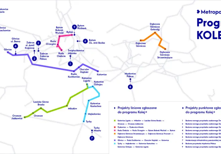 Mapa przedstawia linie kolejowe programu Kolej+. Autobus 149 nie jest widoczny, ale na mapie zaznaczono trasy pociągów.