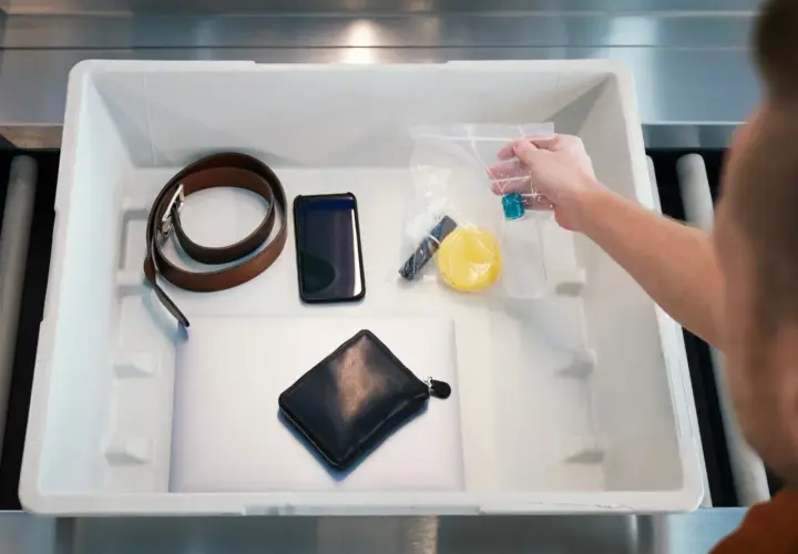 Przedmioty do kontroli bezpieczeństwa: pasek, telefon, portfel, laptop i kosmetyki w woreczku. Czy w bagażu rejestrowanym można przewozić płyny?