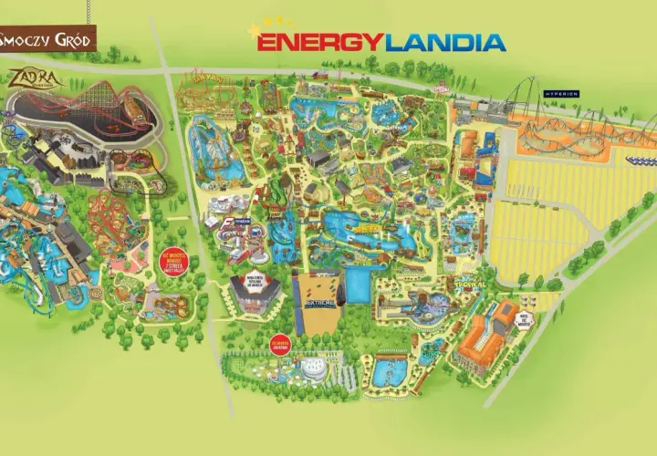 Mapa Energylandii z atrakcjami: Smoczy Gród, Zadra, Mayan, Hyperion, Aqualantis i wiele innych. Zaplanuj swoją wizytę w tym wrocławskim parku rozrywki!