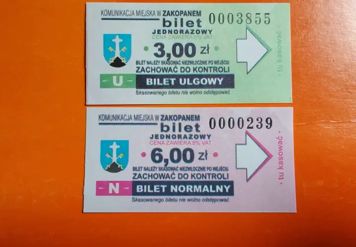 Bilety komunikacji miejskiej w Zakopanem: ulgowy za 3 zł, normalny za 6 zł. Cena biletu do Kościeliska?