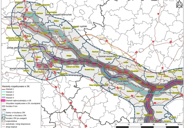 Mapa przedstawia warianty przebiegu korytarza transportowego, w tym potencjalną zmianę trasy dla tramwaju 10 w Warszawie.