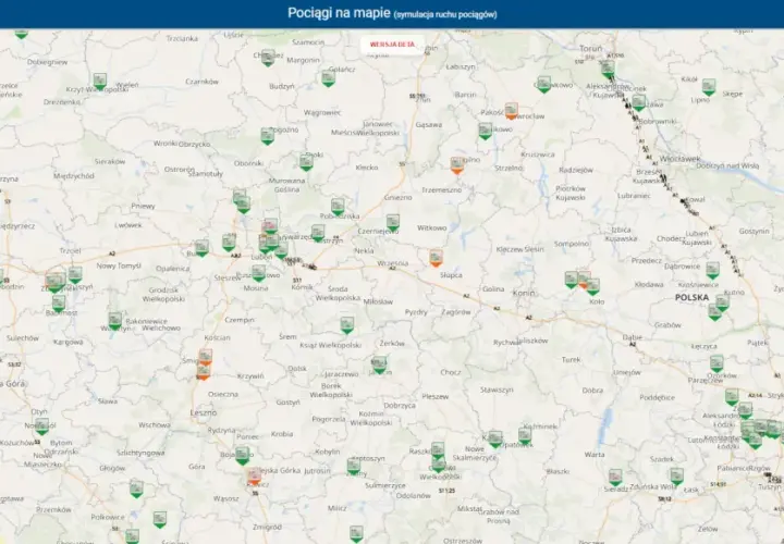 Aplikacja z mapą pokazuje lokalizację pociągów. Widzimy tu m.in. Zieloną Górę, gdzie jest autobus.