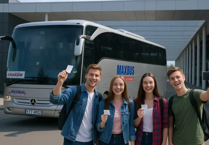 Uśmiechnięci młodzi ludzie z biletami w ręku przed autokarem MAXBUS. Czas na podróż do Zakopanego!