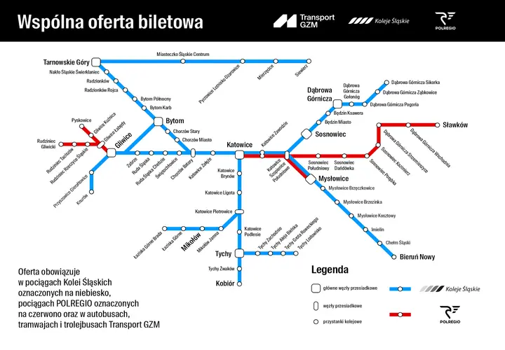 Mapa sieci transportowej z zaznaczonymi trasami Kolei Śląskich i POLREGIO, tworzącymi wspólną ofertę biletową.
