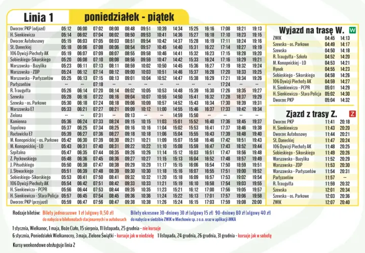 Rozkład jazdy autobusów linii 1 na trasie Miechów - Kraków na dni robocze.