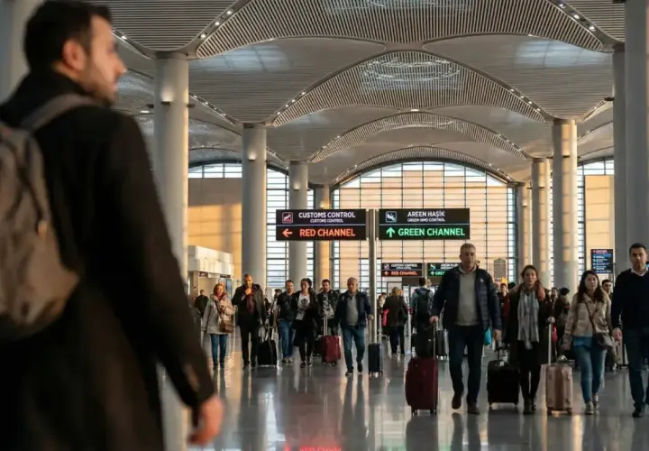 Ludzie z walizkami na lotnisku w Stambule. Zastanawiasz się, ile torebek można przywieźć z Turcji? Zazwyczaj limit bagażu jest spory.