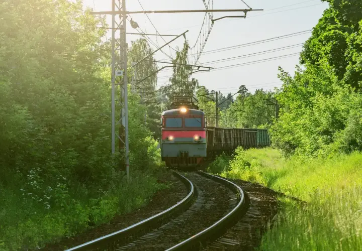 Pociąg towarowy mknie po torach wśród zieleni. Marzysz, jak zostać maszynistą? To podróż pełna odpowiedzialności i pięknych widoków.