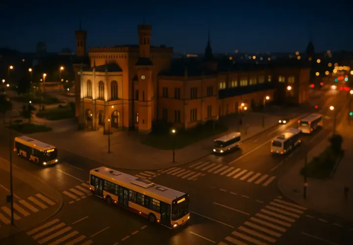 Nocne autobusy Wrocław przemierzają puste ulice. W tle oświetlony zabytkowy budynek.