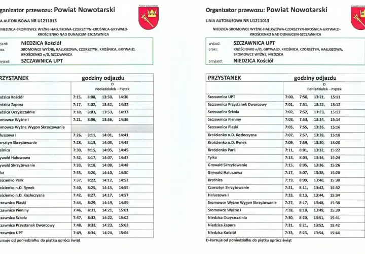 Rozkład jazdy busów: Szczawnica, Sromowce Wyżne, Krościenko. Ceny biletów nie są podane, ale rozkład jazdy busów jest dostępny od poniedziałku do piątku.