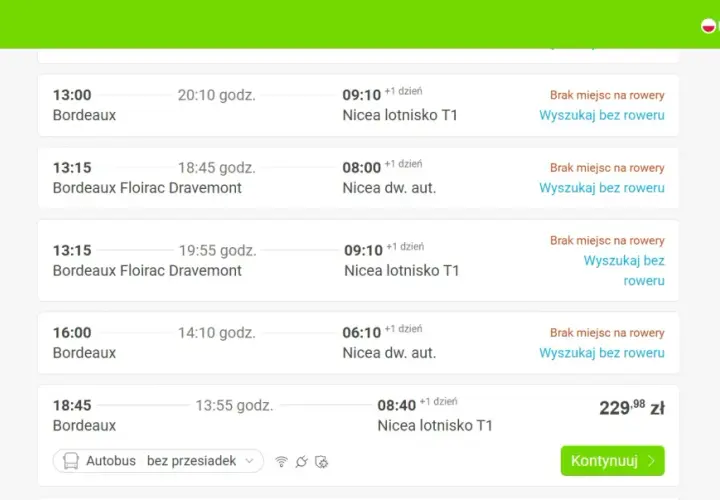Flixbus: czy można kupić bilet u kierowcy? Na liście połączeń z Bordeaux brak informacji o takiej możliwości.