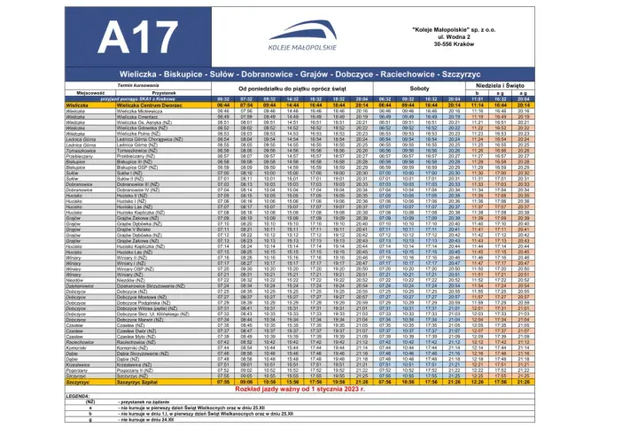 Rozkład jazdy autobusu A17 relacji Wieliczka - Biskupice - Sułów - Dobranowice - Grajów - Dobczyce - Raciechowice - Szczyrzyc, z zaznaczonymi kursami do Limanowej.