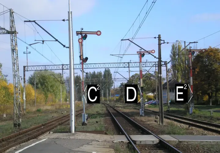 Semafor kolejowy z tarczą i światłami, wskazujący drogę pociągom.