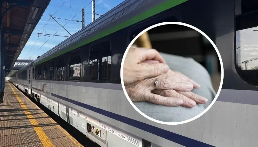 PKP zniżki dla niepełnosprawnych stopień umiarkowany. Dłonie starszej osoby na tle pociągu PKP.