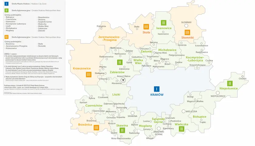 Mapa stref biletowych w Krakowie i okolicach. Strefa I to Kraków, strefa II to aglomeracja, a strefa III to dalsze miejscowości, np. Brzeźnica. kmkrakow.pl