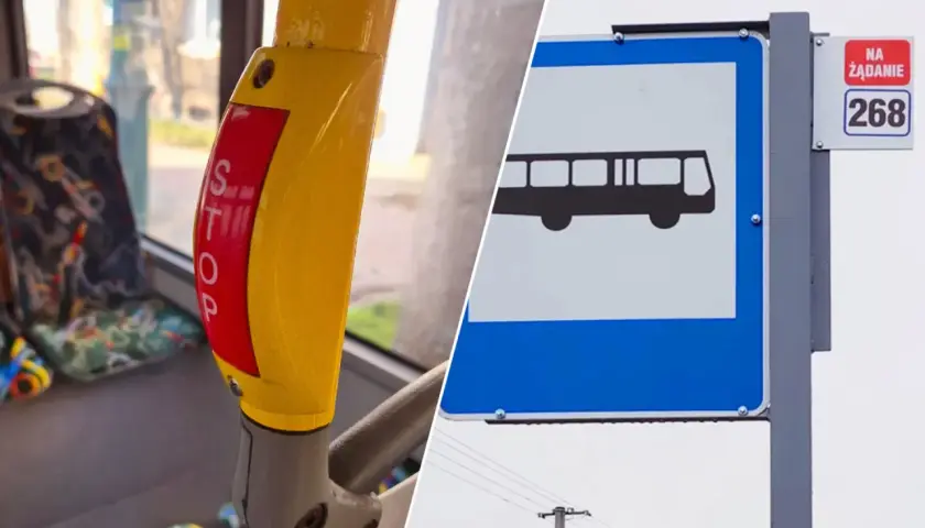 Przycisk STOP w autobusie i znak przystanku na żądanie z numerem 268.