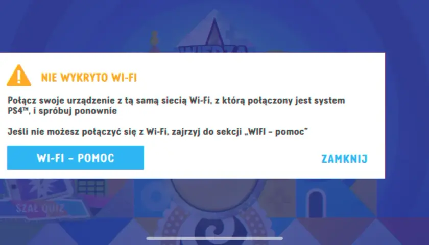 Komunikat o błędzie połączenia Wi-Fi. Może to być problem z siecią Wi-Fi w Flixbusie. Kliknij "WI-FI - POMOC" aby rozwiązać problem.