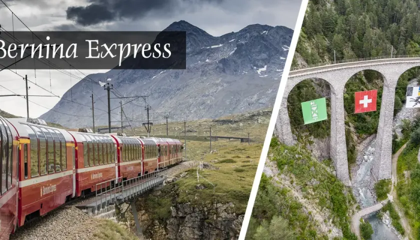 Widok na czerwoną kolej Bernina Express w górach Szwajcarii, obok kamiennego wiaduktu z flagami.