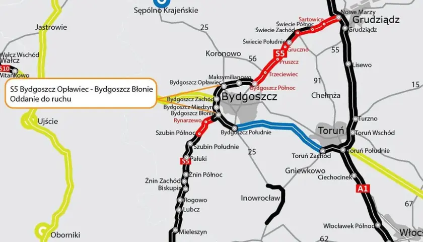 Mapa drogowa z zaznaczoną trasą S5 Bydgoszcz Opławiec - Bydgoszcz Błonie.