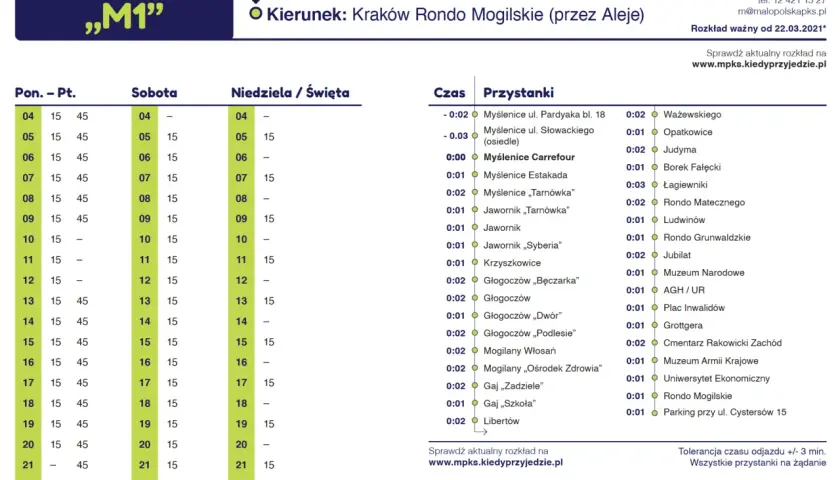 Rozkład jazdy linii "M1" z Myślenic do Krakowa Rondo Mogilskie. Busy kursują między Gdów a Krakowem.