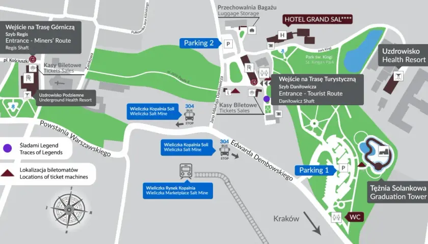 Mapa terenu Kopalni Soli w Wieliczce. Widać wejścia na Trasy Górniczą i Turystyczną, kasy biletowe, parkingi, uzdrowisko, Tężnię Solankową oraz kierunek do Krakowa.
