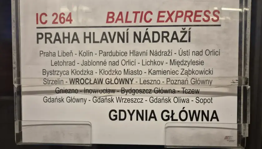 Rozkład jazdy pociągu IC 264 Baltic Express do Pragi. Sprawdź, ile kosztuje pociąg do Pragi, podróżując przez Wrocław, Poznań, Gdańsk, Gdynię.