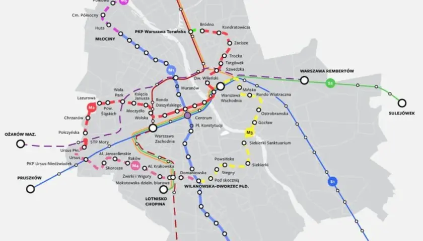 Mapa metra w Warszawie: linie M1, M2, M3, M4, M5, S1, S2, S3. Widoczne stacje i węzły przesiadkowe.