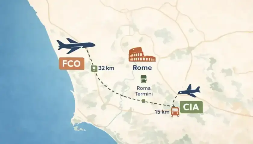 Mapa pokazuje lotnisko Fiumicino (FCO) 32 km od Rzymu, z Koloseum i dworcem Roma Termini. Dalej jest lotnisko CIA.