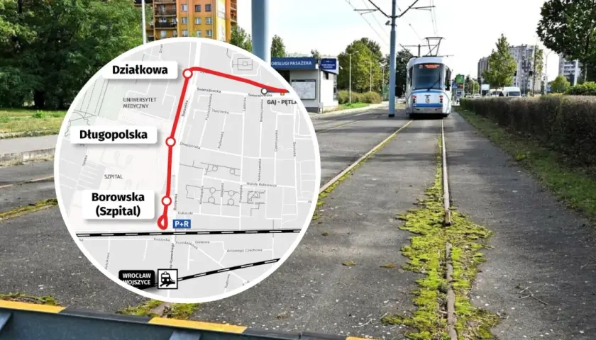 Mapa pokazuje trasę tramwajową do wrocławskiego szpitala przy Borowskiej. Dojazd MPK jest łatwy, z zaznaczonymi przystankami Działkowa, Długopolska i Borowska (Szpital).