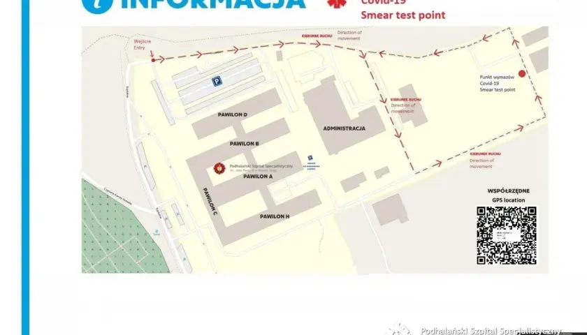 Mapa pokazuje, jak dojechać z dworca w Krakowie do szpitala Jana Pawła II w Nowym Targu, wskazując punkt poboru wymazów Covid-19.