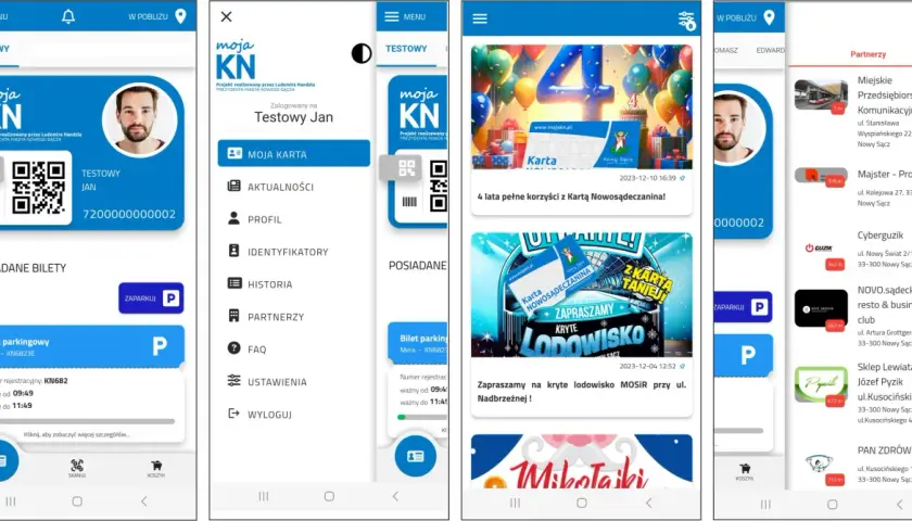 Aplikacja mobilna dla pasażerów autobusów MPK Nowy Sącz. Widok karty miejskiej, biletu parkingowego i partnerów.