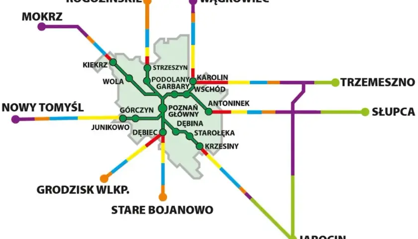 Mapa kolejowa Wielkopolski z zaznaczonym Poznaniem i liniami do Bolesławca, Jarocina, Trzemeszna i innych miejscowości.
