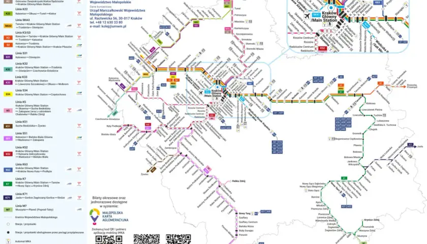 Schemat komunikacji Małopolski, z zaznaczoną linią K3 do Wieliczki i informacją o rozkładzie jazdy PKP.