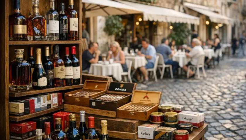 Stojak z alkoholem i cygarami. W tle kawiarnia z ludźmi. Zastanawiasz się, ile litrów piwa można przewieźć przez granicę?
