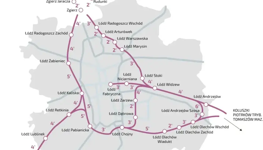 Mapa sieci tramwajowej Łodzi z zaznaczonymi liniami i przystankami. Widać też fragmenty autobusowej komunikacji zastępczej.