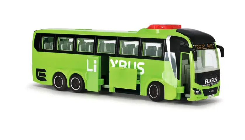 Zielony autobus Flixbus z otwartymi drzwiami, idealny do zabawy lub jako symbol flixbus zmiana rezerwacji.
