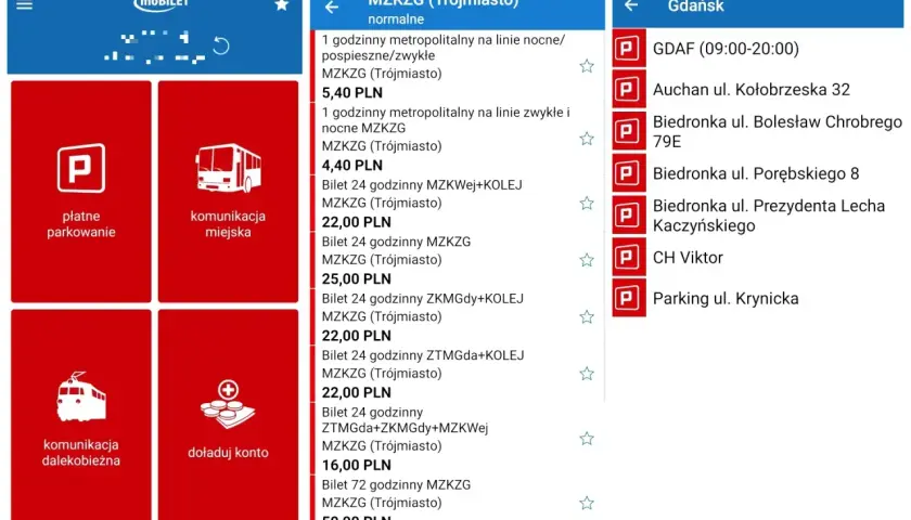 Aplikacja moBILET pokazuje opcje zakupu biletu miesięcznego Kraków, bilety komunikacji miejskiej i dalekobieżnej, a także parkingi w Gdańsku.
