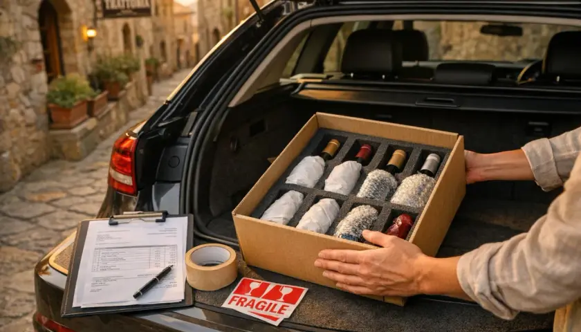 Pakowanie wina do samochodu. Zastanawiasz się, ile alkoholu można przewieźć samochodem? Dokumenty, taśma i naklejka "Fragile" sugerują ostrożność.